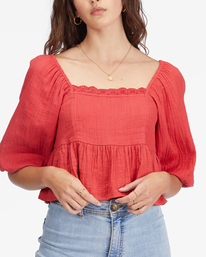 3 Cross My Heart Puff Sleeve Crop Top Red ABJWT00363 Billabong