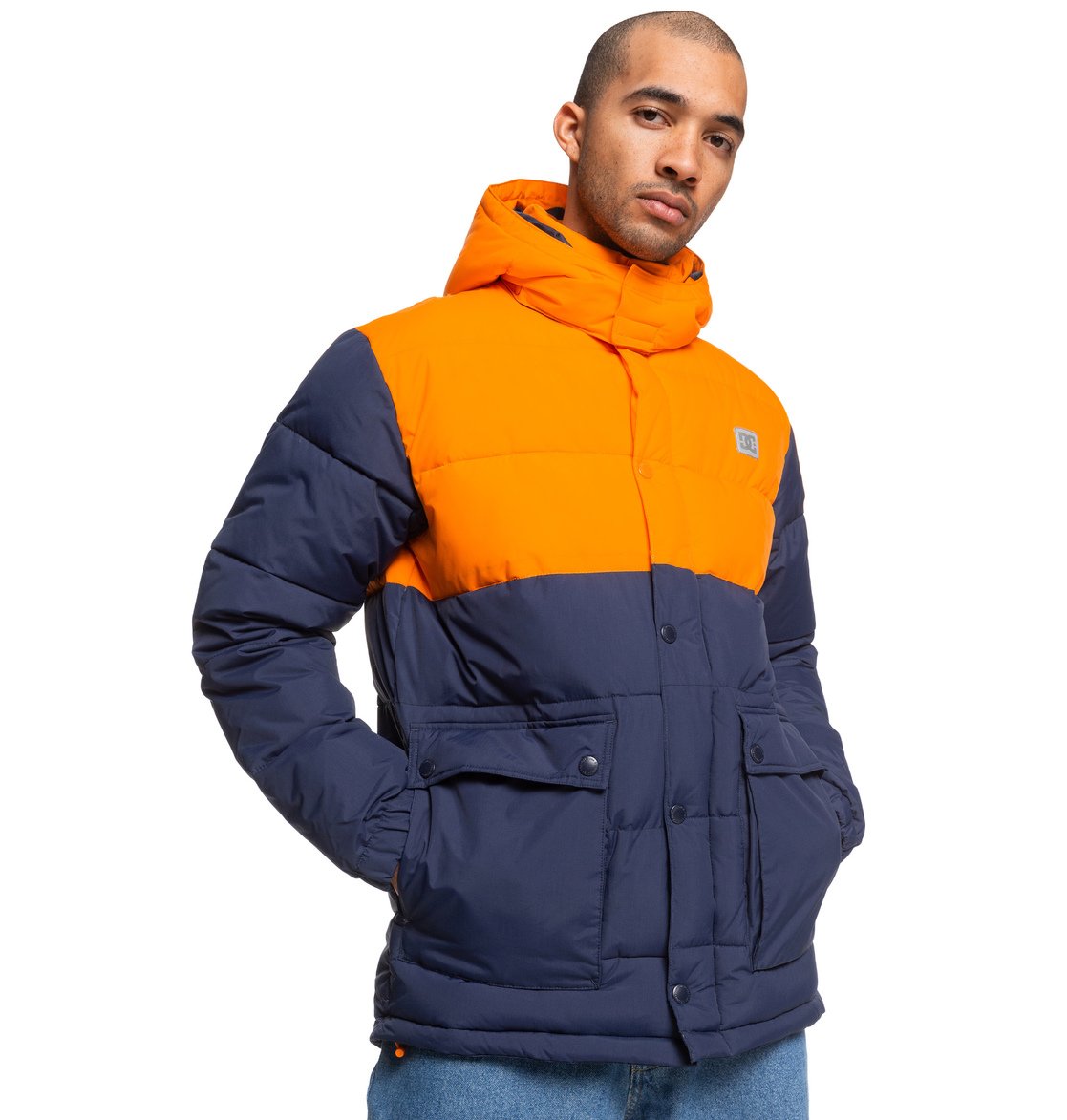 blue hooded puffer jacket