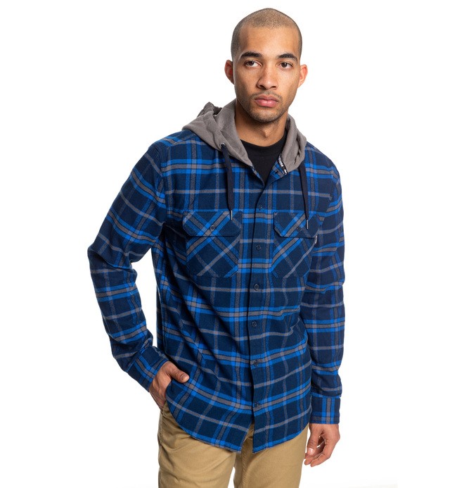 dcshoes, Runnels Long Sleeve Hooded Flannel Shirt, BLACK IRIS (btl0) 0 Runnels Long Sleeve Hooded Flannel Shirt Blue EDYWT03201 DC Shoes