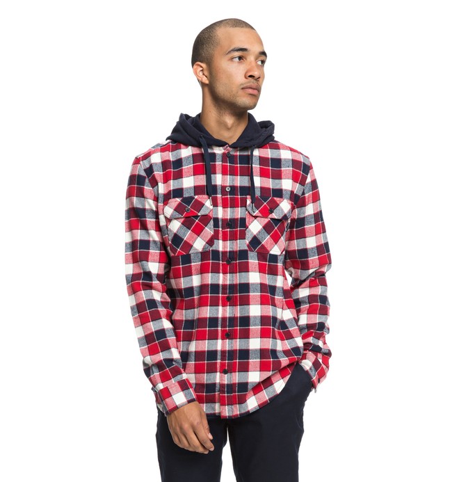dcshoes, Runnels Long Sleeve Hooded Flannel Shirt, TANGO RED (rrh0) 0 Runnels Long Sleeve Hooded Flannel Shirt Red EDYWT03201 DC Shoes