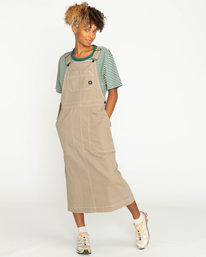 3 Dungaree Twill - Pinafore Midi Dress for Women Beige F3DRB5ELF2 Element