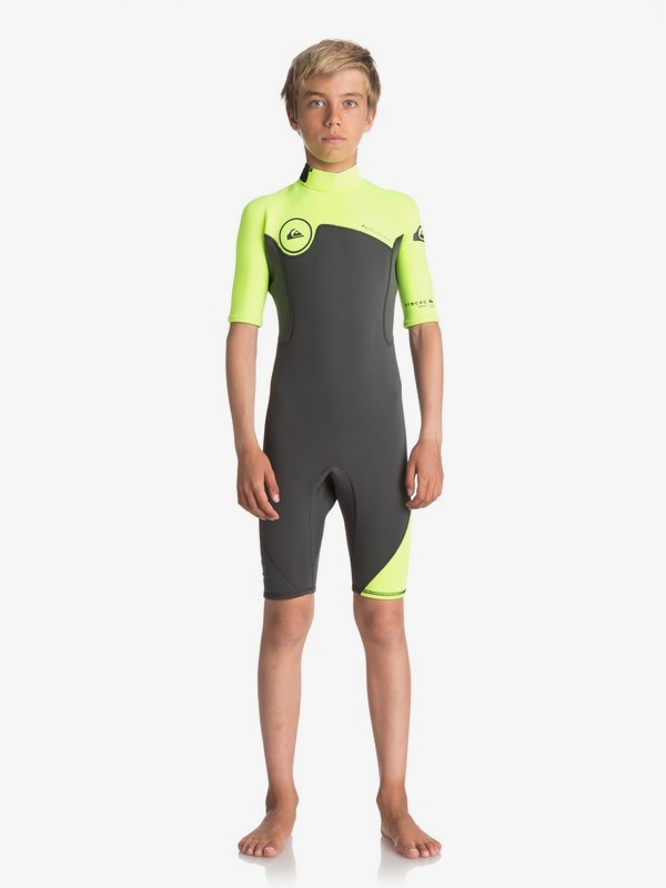 quiksilver, 2/2mm Syncro Series - Traje de surf de primavera FLT con manga corta y cremallera en la espalda para Chicos 8-16, JET BLACK/ SAFETY YELLOW/ GUN (xkgk) 0 2/2mm Syncro Series - Traje de surf de primavera FLT con manga corta y cremallera en la espalda para Chicos 8-16 Negro EQBW503004 Quiksilver