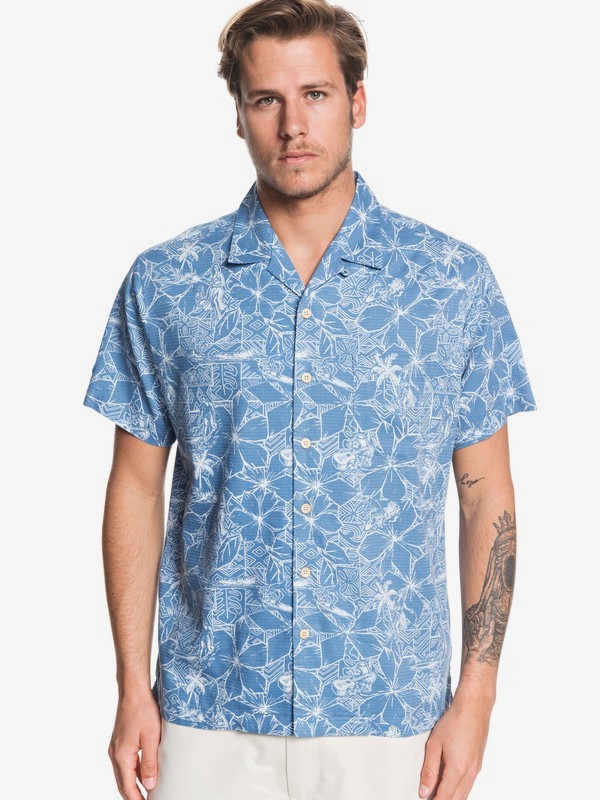 quiksilver, Waterman Big Swells Short Sleeve Shirt, BLUE SHADOW BIG SWELL (bkq6) 0 Waterman Big Swells Short Sleeve Shirt Blue EQMWT03261 Quiksilver
