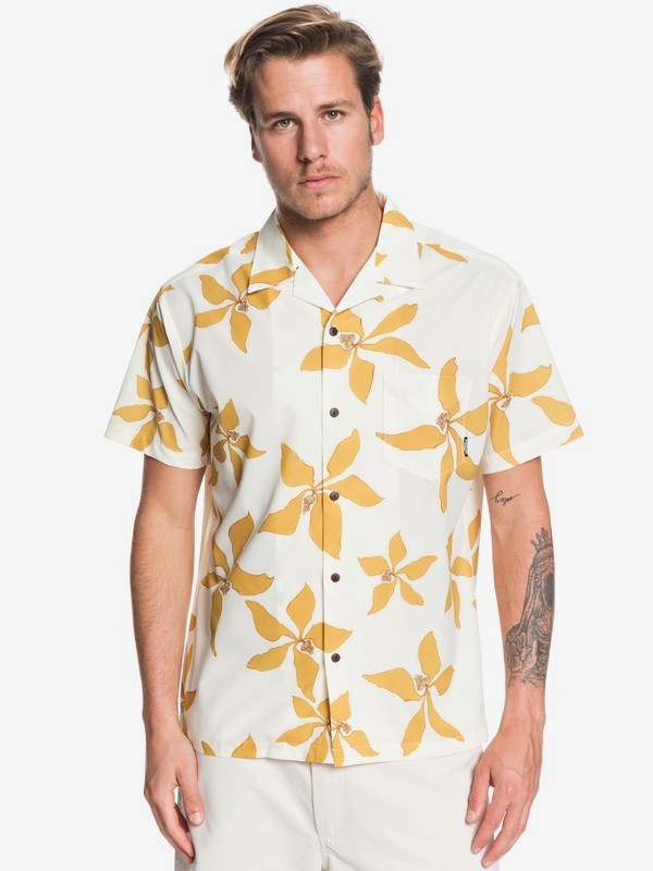 quiksilver, Waterman Falling Blossom Lightweight UPF 30 Short Sleeve Shirt, ANTIQUE WHITE FALLING BLOSSUM (wcl6) 0 Waterman Falling Blossom Lightweight UPF 30 Short Sleeve Shirt White EQMWT03284 Quiksilver
