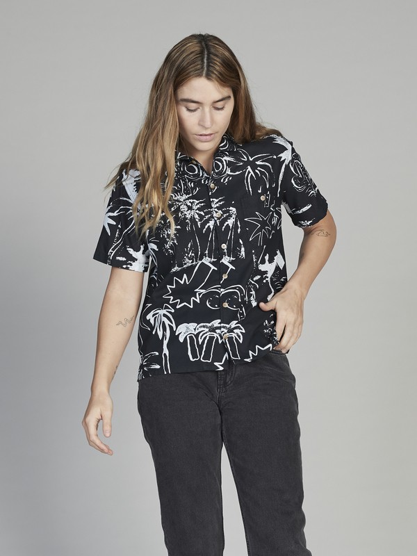 quiksilver, Quiksilver Women's Short Sleeve Camp Shirt, BLACK JUNGLE FEVER (kvj9) 0 Quiksilver Women's Short Sleeve Camp Shirt Black EQWWT03019 Quiksilver