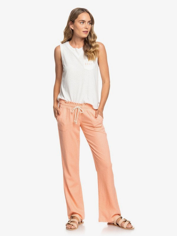 roxy, Oceanside Flared Linen Pants, SALMON (mfg0) 0 Oceanside Flared Linen Pants Pink ARJNP03006 Roxy