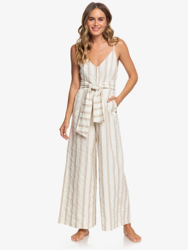 roxy, Wheel And Palms Strappy Wide Leg Jumpsuit, MARSHMALLOW BE MINE STRIPE (wbt4) 0 Wheel And Palms Strappy Wide Leg Jumpsuit White ARJWD03253 Roxy