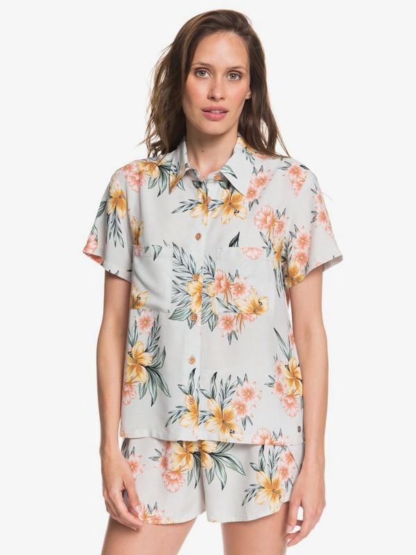 roxy, The Waiting Short Sleeve Shirt, GRAY VIOLET SEASIDE FLORAL (sfv6) 0 The Waiting Short Sleeve Shirt Grey ARJWT03181 Roxy