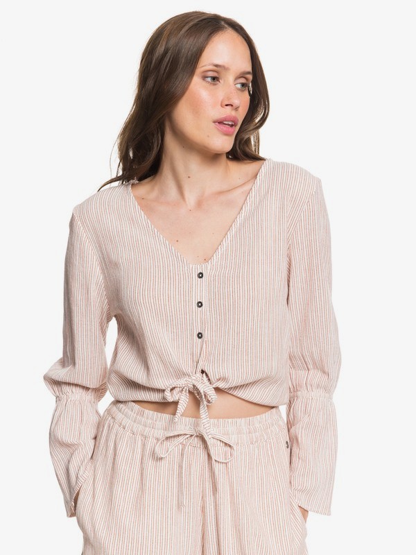 roxy, My Girl Tie-Front Long Sleeve Shirt, MARSHMALLOW/CEDAR WOOD STRIPE (xwwm) 0 My Girl Tie-Front Long Sleeve Shirt White ARJWT03184 Roxy