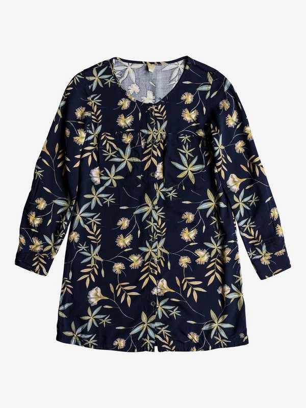 roxy, Girl's 7-14 Sun Is Shining Long Sleeve Button Front Dress, DRESS BLUES BIRDS FLOWER YOUTH (xwby) 0 Girl's 7-14 Sun Is Shining Long Sleeve Button Front Dress White ERGWD03062 Roxy