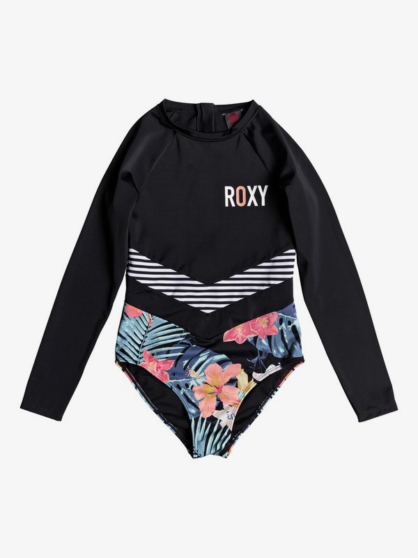 roxy, Girl's 7-14 Island Trip Long Sleeve UPF 50 One-Piece Swimsuit, TRUE BLACK (kvj0) 0 Girl's 7-14 Island Trip Long Sleeve UPF 50 One-Piece Swimsuit Black ERGWR03113 Roxy