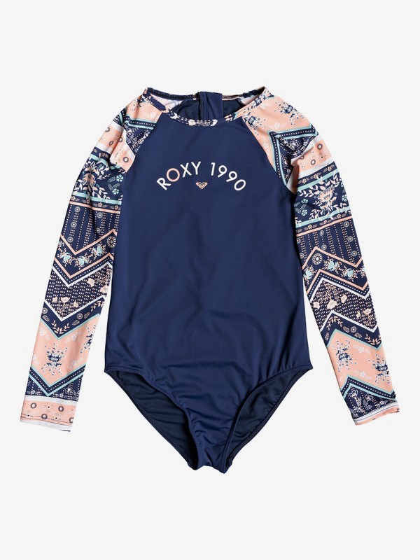 roxy, Girl's 7-14 Heart In The Waves Long Sleeve UPF 50 One-Piece Swimsuit, MED BLUE NEWPORT BORDER SW (bte7) 0 Girl's 7-14 Heart In The Waves Long Sleeve UPF 50 One-Piece Swimsuit Blue ERGWR03129 Roxy