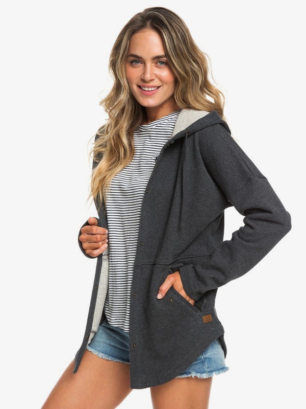 roxy, Lullaby Lights - Sweat à capuche long boutonné pour Femme, CHARCOAL HEATHER (ktah) 0 Lullaby Lights - Sweat à capuche long boutonné pour Femme Noir ERJFT03933 Roxy