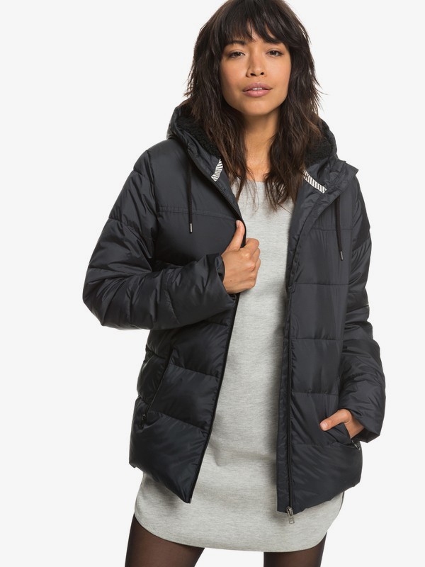 roxy, Harbor Days - Water Repellent Hooded Puffer Jacket for Women, TRUE BLACK (kvj0) 0 Harbor Days - Water Repellent Hooded Puffer Jacket for Women Black ERJJK03254 Roxy