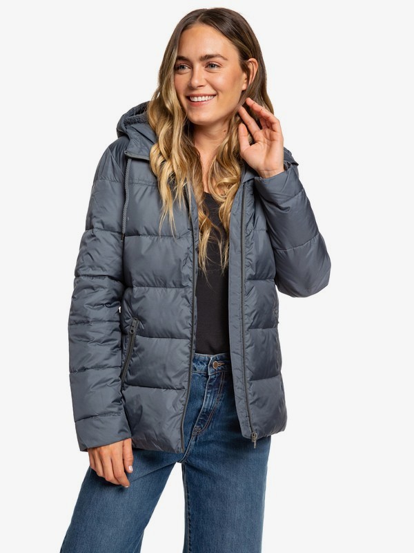 roxy, Harbor Days - Water Repellent Hooded Puffer Jacket for Women, TURBULENCE (kym0) 0 Harbor Days - Water Repellent Hooded Puffer Jacket for Women Black ERJJK03254 Roxy