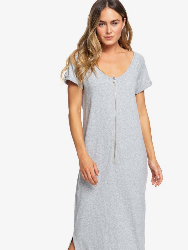 roxy, Neptune - Maxi-robe t-shirt zippée devant à manches courtes pour Femme, HERITAGE HEATHER (sgrh) 0 Neptune - Maxi-robe t-shirt zippée devant à manches courtes pour Femme Gris ERJKD03253 Roxy