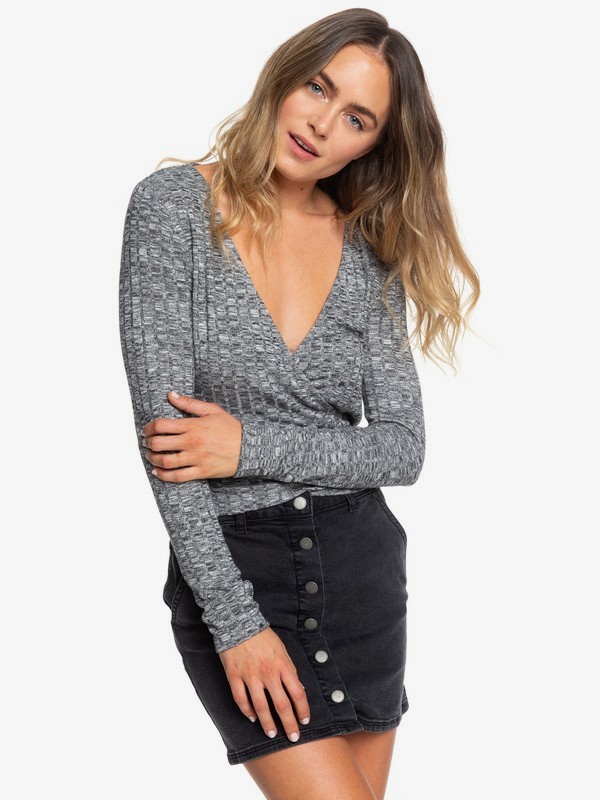 roxy, Cloudy Days Wrap Rib Knit Long Sleeve Top, CHARCOAL HEATHER (kte1) 0 Cloudy Days Wrap Rib Knit Long Sleeve Top Black ERJKT03555 Roxy