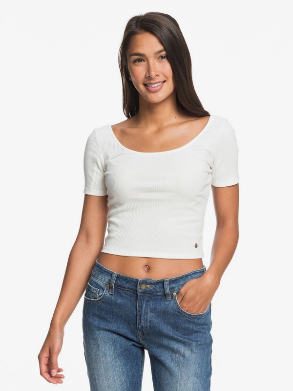 roxy, Sister Hey U Rock Short Sleeve Cropped Ribbed Top, MARSHMALLOW (wbt0) 0 Sister Hey U Rock Short Sleeve Cropped Ribbed Top White ERJKT03593 Roxy