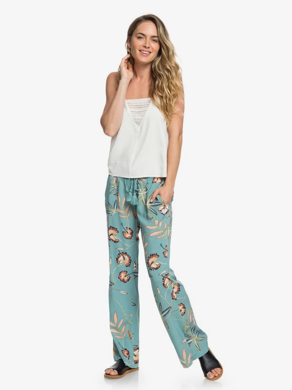 roxy, Oceanside Flared Beach Pants, TRELLIS BIRD FLOWER (bkw6) 0 Oceanside Flared Beach Pants Blue ERJNP03208 Roxy