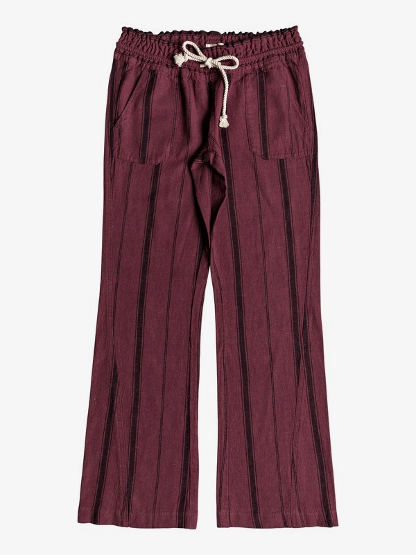 roxy, Oceanside Flared Linen Pants, OXBLOOD RED TEA PARTY STRIPE (rre3) 0 Oceanside Flared Linen Pants Red ERJNP03210 Roxy