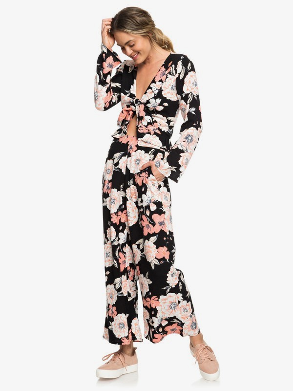 roxy, New Night Avenue Wide Leg Pants, ANTHRACITE NEW FLOWERS (kvj6) 0 New Night Avenue Wide Leg Pants Black ERJNP03242 Roxy