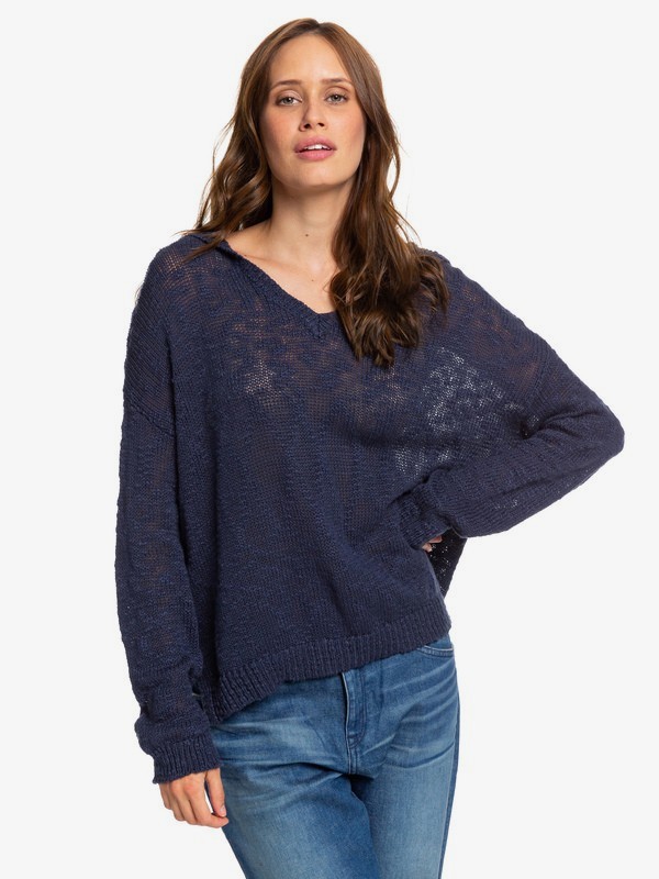 roxy, Sandy Bay Beach Knitted Hooded Poncho, MOOD INDIGO (bsp0) 0 Sandy Bay Beach Knitted Hooded Poncho Blue ERJSW03297 Roxy