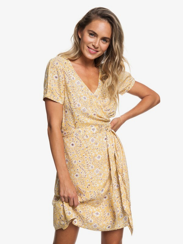 roxy, Monument View Short Sleeve Wrap Dress, OCHRE FROM THE FOREST (yhv6) 0 Monument View Short Sleeve Wrap Dress Yellow ERJWD03249 Roxy