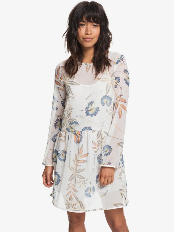 roxy, Amazing Wave Long Sleeve Dress, MARSHMALLOW BIRD FLOWER (wbt7) 0 Amazing Wave Long Sleeve Dress White ERJWD03253 Roxy