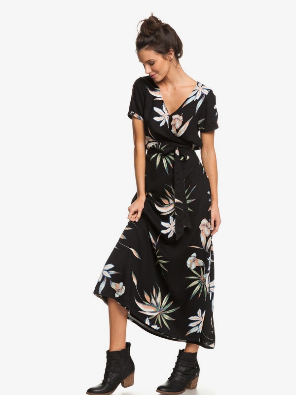 roxy, Lotus Heart Short Sleeve Maxi Dress, TRUE BLACK DELICATE FLOWERS (kvj8) 0 Lotus Heart Short Sleeve Maxi Dress Black ERJWD03287 Roxy