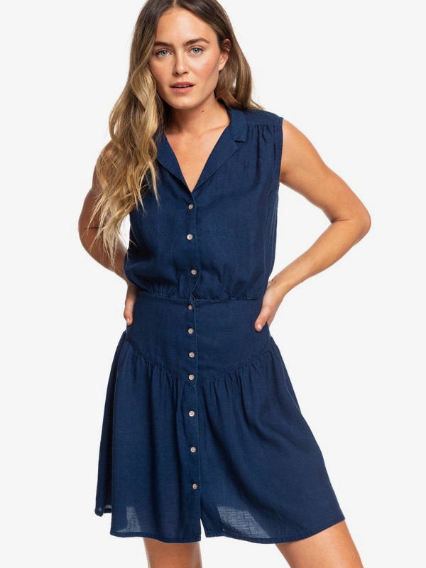 roxy, Sister Shiny Night Sleeveless Button Through Dress, DRESS BLUES (btk0) 0 Sister Shiny Night Sleeveless Button Through Dress Blue ERJWD03321 Roxy