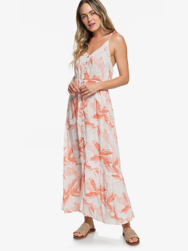 roxy, Hot Summer Lands Button-Through Strappy Maxi Dress, MARSHMALLOW JUNGLE BOOGIE (xwwn) 0 Hot Summer Lands Button-Through Strappy Maxi Dress White ERJWD03337 Roxy