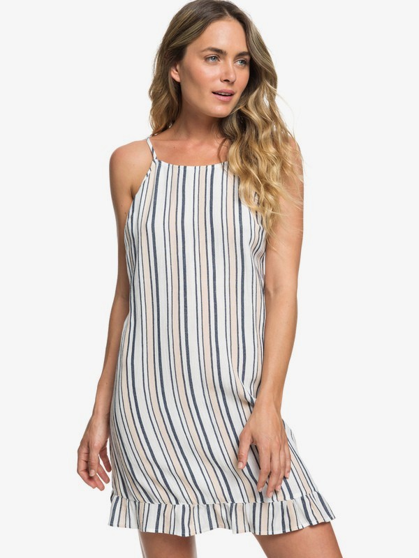 roxy, Golden Skin Stripe Ruffle Hem Strappy Dress, MARSHMALLOW LONG DAY STRIPES (xwbw) 0 Golden Skin Stripe Ruffle Hem Strappy Dress White ERJWD03341 Roxy