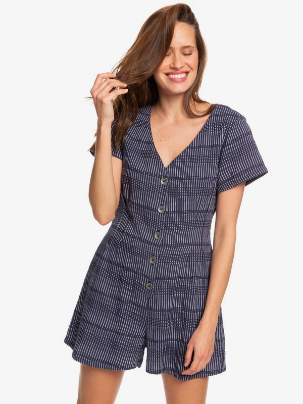 roxy, Wild And Beautiful Short Sleeve Buttoned Romper, MOOD INDIGO (bsp0) 0 Wild And Beautiful Short Sleeve Buttoned Romper Blue ERJWD03354 Roxy