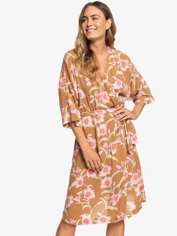 roxy, Privy Places Kimono Wrap Dress, CHIPMUNK SURFIN LOVE (cmw6) 0 Privy Places Kimono Wrap Dress Brown ERJWD03363 Roxy
