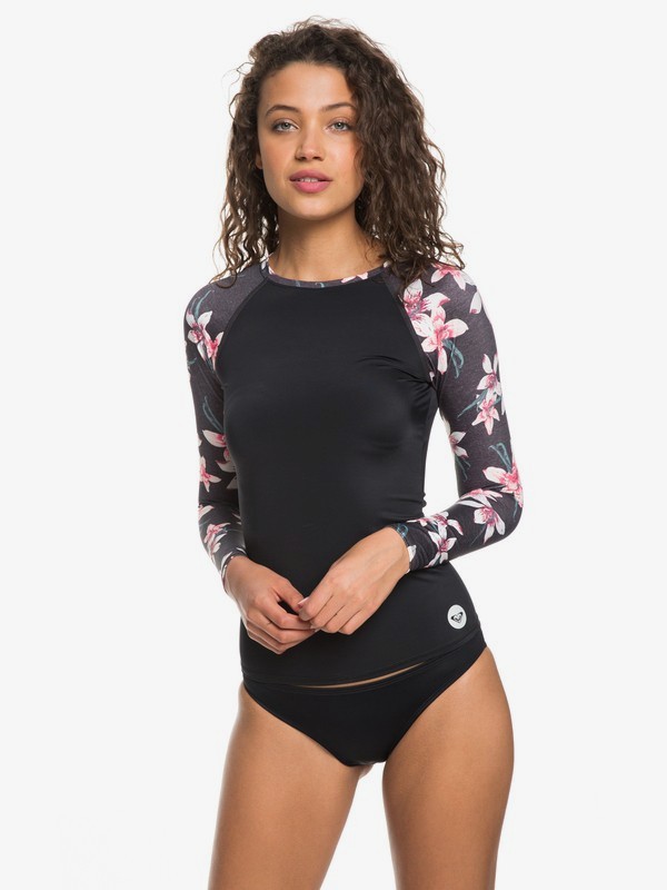 roxy, ROXY Fitness Long Sleeve UPF 50 Rash Guard, CHARCOAL HEATHER FLOWER FIELD (kpg7) 0 ROXY Fitness Long Sleeve UPF 50 Rash Guard Black ERJWR03256 Roxy