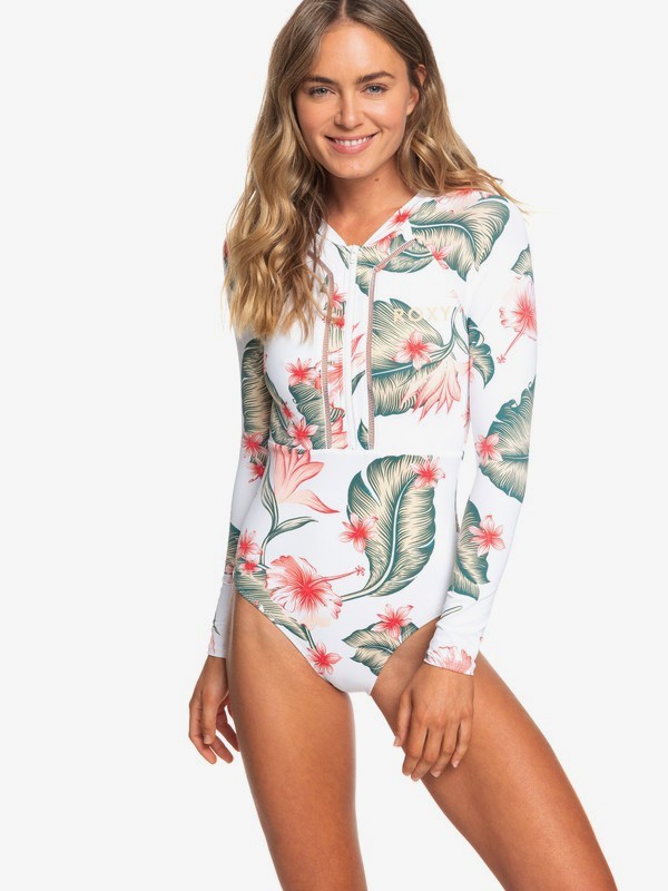 roxy, ROXY Long Sleeve UPF 50 One-Piece Swimsuit, BRIGHT WHITE TROPICAL LOVE SWI (wbb7) 0 ROXY Long Sleeve UPF 50 One-Piece Swimsuit White ERJWR03291 Roxy
