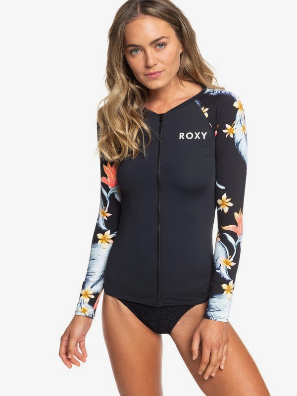 roxy, Dreaming Day Long Sleeve UPF 50 Front Zip Rashguard, ANTHRACITE TROPICAL LOVE SW (kvj7) 0 Dreaming Day Long Sleeve UPF 50 Front Zip Rashguard Black ERJWR03297 Roxy