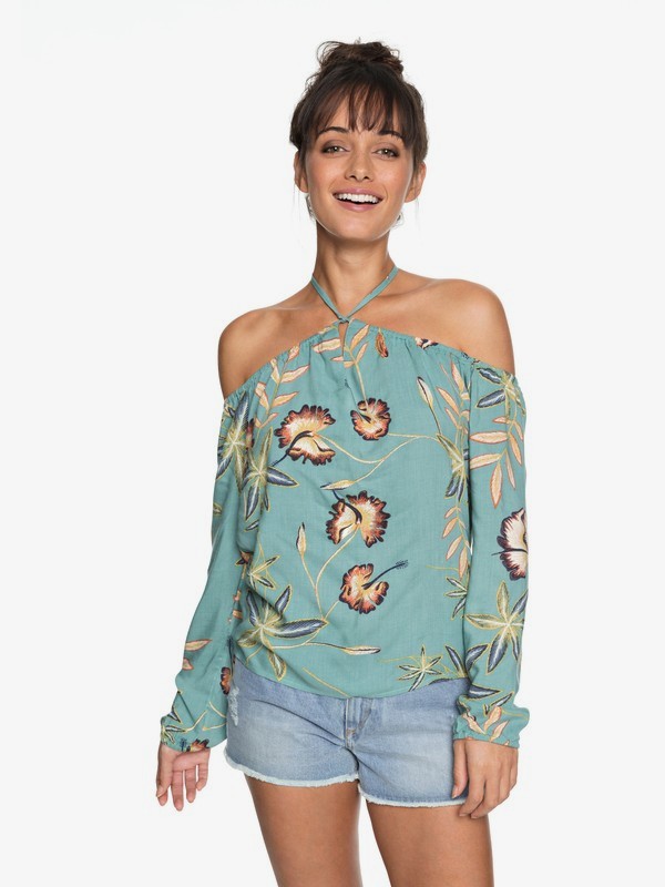 roxy, Paradise Eyes Long Sleeve Cold Shoulder Top, TRELLIS BIRD FLOWER (bkw6) 0 Paradise Eyes Long Sleeve Cold Shoulder Top Blue ERJWT03235 Roxy