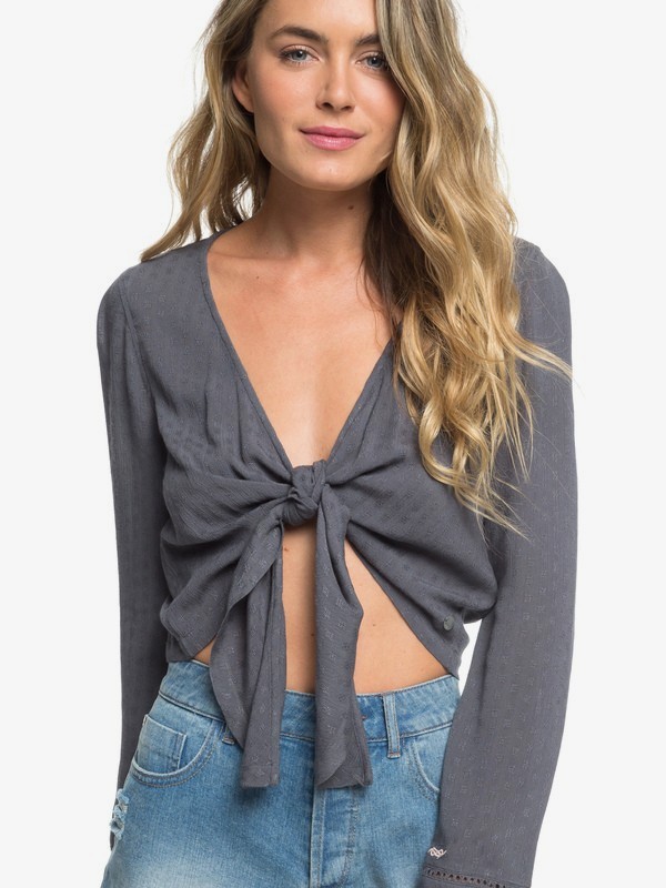 roxy, H and K To The Sea - Long Sleeve Tie-Front Blouse for Women, TURBULENCE (kym0) 0 H and K To The Sea - Long Sleeve Tie-Front Blouse for Women Black ERJWT03248 Roxy
