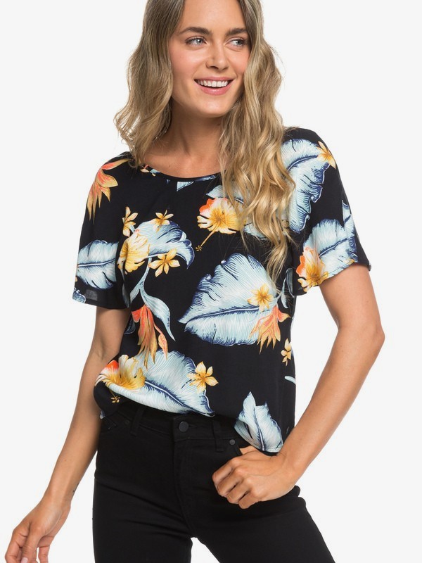 roxy, New York Energy Short Sleeve Top, ANTHRACITE TROPICAL LOVE (kvj6) 0 New York Energy Short Sleeve Top Black ERJWT03295 Roxy