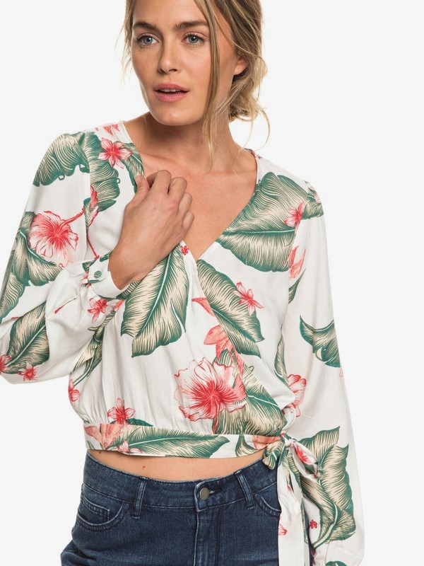 roxy, Empire State View - Long Sleeve Wrap Top for Women, MARSHMALLOW TROPICAL LOVE (wbt7) 0 Empire State View - Long Sleeve Wrap Top for Women White ERJWT03300 Roxy