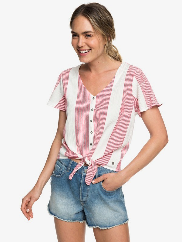 roxy, Come And Love Short Sleeve Tie-Front Shirt, BARBERRY DOCKER STRIPE (mpt3) 0 Come And Love Short Sleeve Tie-Front Shirt Pink ERJWT03315 Roxy
