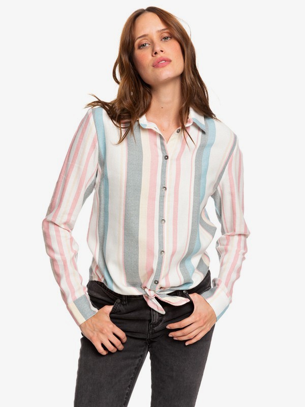 roxy, Suburb Vibes - Chemise manches longues avec nœud sur le devant pour Femme, SNOW WHITE RETRO VERTICAL (wbk3) 0 Suburb Vibes - Chemise manches longues avec nœud sur le devant pour Femme Blanc ERJWT03343 Roxy