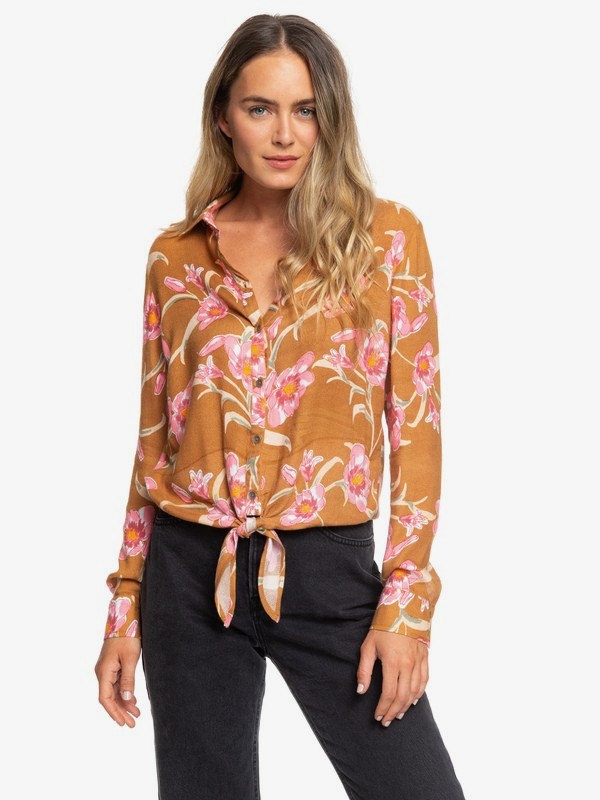 roxy, Suburb Vibes - Camicia a Manche Lunghe con Nodo Davanti da Donna, CHIPMUNK SURFIN LOVE (cmw6) 0 Suburb Vibes - Camicia a Manche Lunghe con Nodo Davanti da Donna Brown ERJWT03366 Roxy