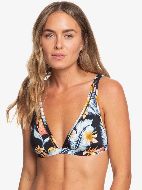 roxy, Dreaming Day Elongated Triangle Bikini Top, ANTHRACITE TROPICAL LOVE S (kvj6) 0 Dreaming Day Elongated Triangle Bikini Top Black ERJX303874 Roxy