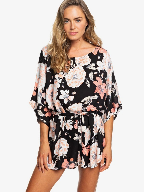 roxy, Loia Bay Short Sleeve Dress, ANTHRACITE S NEW FLOWERS (kvj7) 0 Loia Bay Short Sleeve Dress Black ERJX603151 Roxy