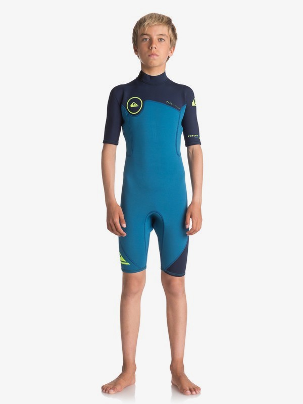 quiksilver, 2/2mm Syncro Series - Traje de surf de primavera FLT con manga corta y cremallera en la espalda para Chicos 8-16, MARINA/ BLUE NIGHTS/ SAFETY YE (xbbg) 0 2/2mm Syncro Series - Traje de surf de primavera FLT con manga corta y cremallera en la espalda para Chicos 8-16 Azul EQBW503004 Quiksilver