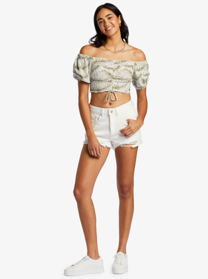 3 Flirty Walk Printed Ruched Cropped Top With Puff Sleeves Green ARJKT03411 Roxy
