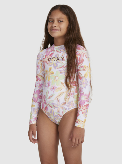 3 Girl's 7-16 Tropical Time Long Sleeve One-Piece Rashguard White ERGWR03330 Roxy