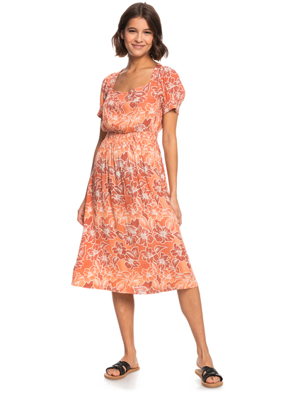 6 Palmy Breeze Printed Short Sleeve Midi Dress Pink ERJWD03679 Roxy